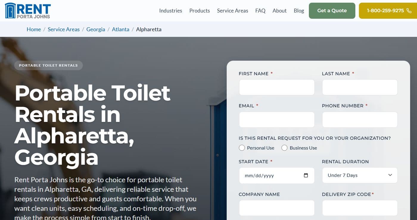 Alpharetta rental page with a location-specific heading and an embedded quote form.