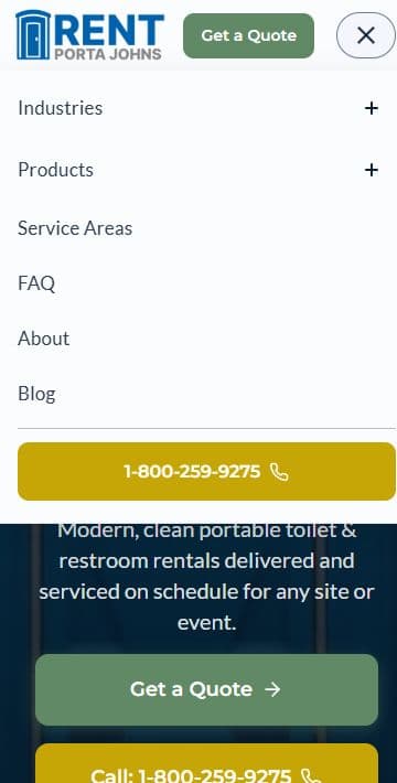 Expanded mobile menu showing Industries, Products, Service Areas, FAQ, About, Blog, and a phone action.
