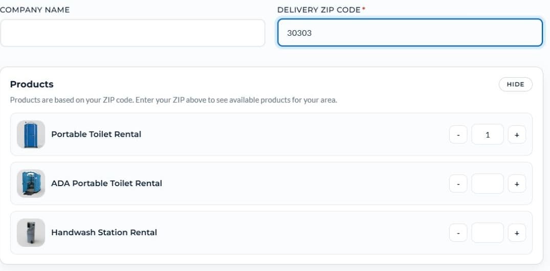 Quote form showing delivery ZIP 30303 and portable toilet, ADA portable toilet, and handwash station quantity controls.
