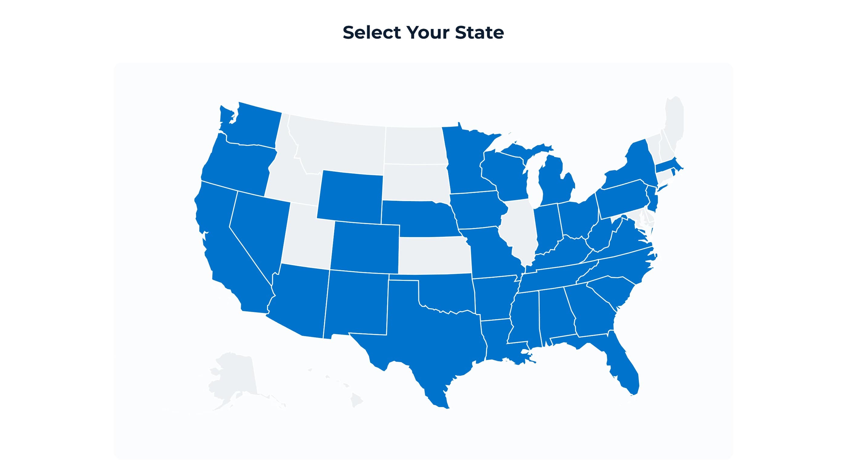 Service Areas page with a United States map highlighting available states and a state-selection heading.